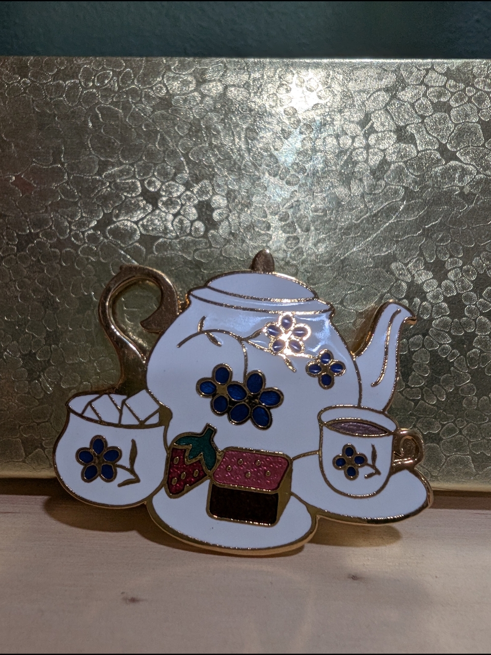 White Floral Teapot and Tea Set Enamel Pin Cloisonne Brooch